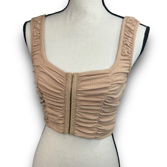 Womens Corset Look Ribbed Ruched Cropped Tank Top Stretch Tan Beige Size Small - Picture 1 of 6